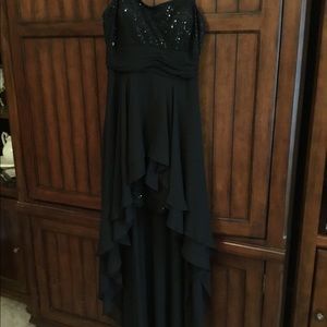 Black chiffon and sequin hi lo strapless formal